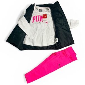 Puma Hot Pink Leggings with White Logo Tee and Black Jacket